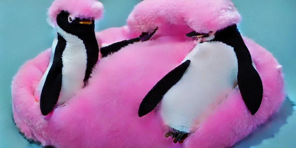 Image similar to realistic penguin sitting in an pink fluffy bed waving, hyper detailed, trending on artstation