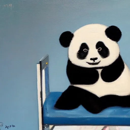 Image similar to oil painting of a sad panda that sits on a flat bench alone and sad with gym pants