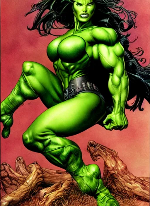 Prompt: jessica biel as she - hulk. green skinned, muscular, wheyfu. illustration luis royo, boris vallejo, detailed, realistic