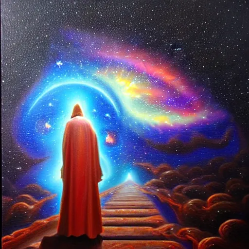 Image similar to facing the evil darkness dark star galactic nebular astral realm sacred journey in oil painting, trending on artstation, award winning, emotional, highly detailed surrealist art