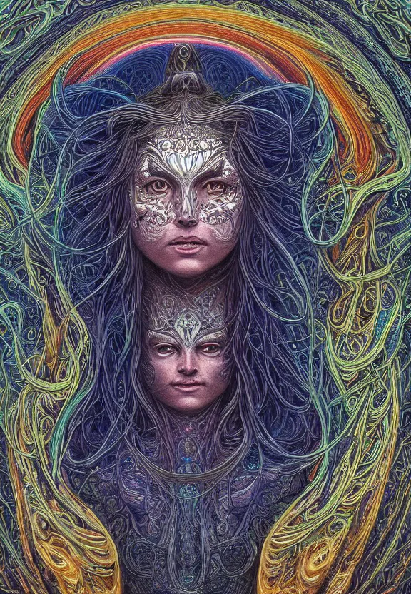 Prompt: perfectly centered front view of a beautiful biomechanical moon goddess, flowing hair, intense stare, sweet smile, symmetrical, concept art, intricate detail, volumetric shadows and lighting, psychedelic colors, realistic oil painting by alex grey and gustave dore,
