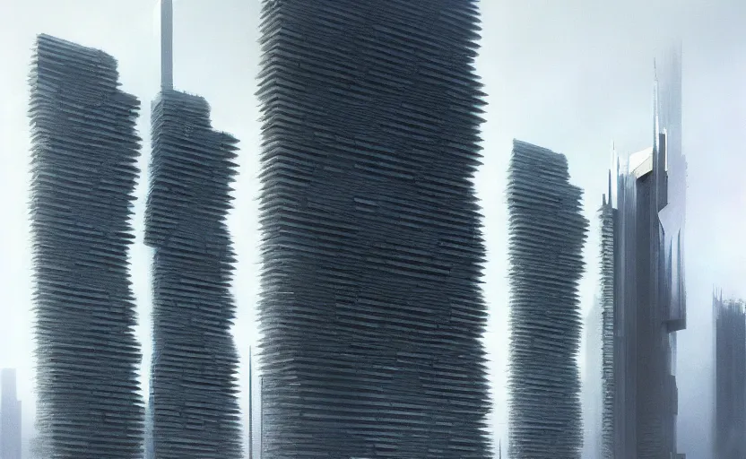 Prompt: An Exterior wide angle shot of a cyberpunk futuristic modern architecture skyscraper by Peter zumthor, Zaha Hadid and James Turrell, Craig Mullins, Edward Hopper and James Gilleard, Zdzislaw Beksinski, Mark Ryden, Wolfgang Lettl highly detailed, hints of Yayoi Kasuma , Dark atmospheric sad and cinematic lighting, Trending on artstation, Archviz, Archdaily, Deezen, Design milk, Architectural visualisation