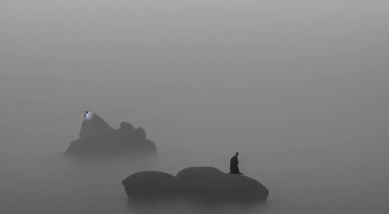 Prompt: matthew snowden painting style a lonely silhouette of a meditating monk sitting in the fog on a stone protruding from the water in the rays of the morning sun, the focus of the camera on the monk.
