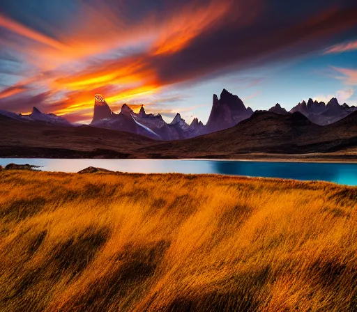 Prompt: award - winning landscape photography, nature photography, photograph of golden hour sunset, patagonia, golden ratio, composition, phaseone, captureone, color graded