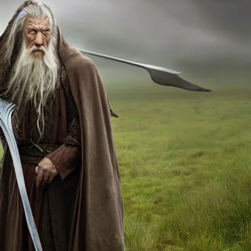 Prompt: landscape photo of the evil ian mckellen as gandalf in a dark viking hood playing odin all father from the thor movie walking through an open grass field, highly detailed, cinematic shot, cinematic lighting, 8 k, exquisit facial detail