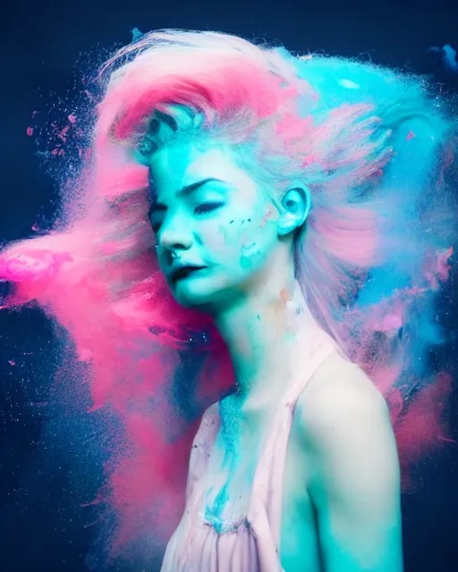 Image similar to a dramatic lighting photo of a beautiful young woman with cotton candy hair. paint splashes. with a little bit of cyan and pink