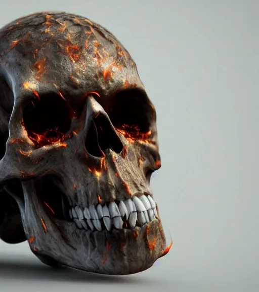 Image similar to epic render of burning skull, octane render, trending on artstation, macro photography