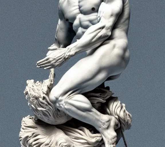 Image similar to a hyper-detailed marble status of Poseidon by Michelangelo; anatomically correct; an extraordinary masterpiece!!!; proud posture; photorealistic eyes; trending on artstation; f/1.4; 90mm