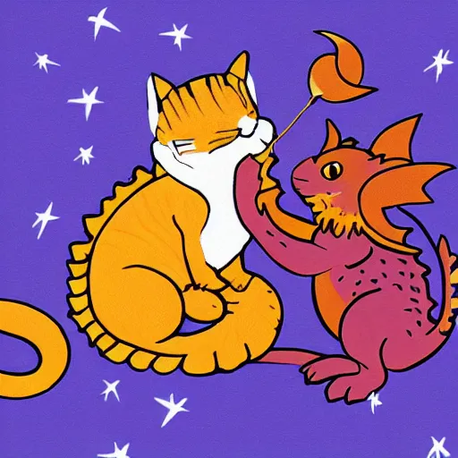 Image similar to small cute purple dragon, the dragon is hugging an orange tabby cat, soft, cozy