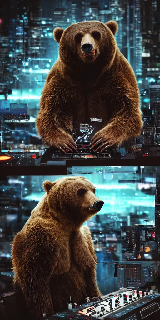 Image similar to a cyborg grizzly bear dj mixing records on stage, photorealistic, highly detailed, illustration, lifelike, highly detailed, intricate, octane render, sharp focus, cyberpunk