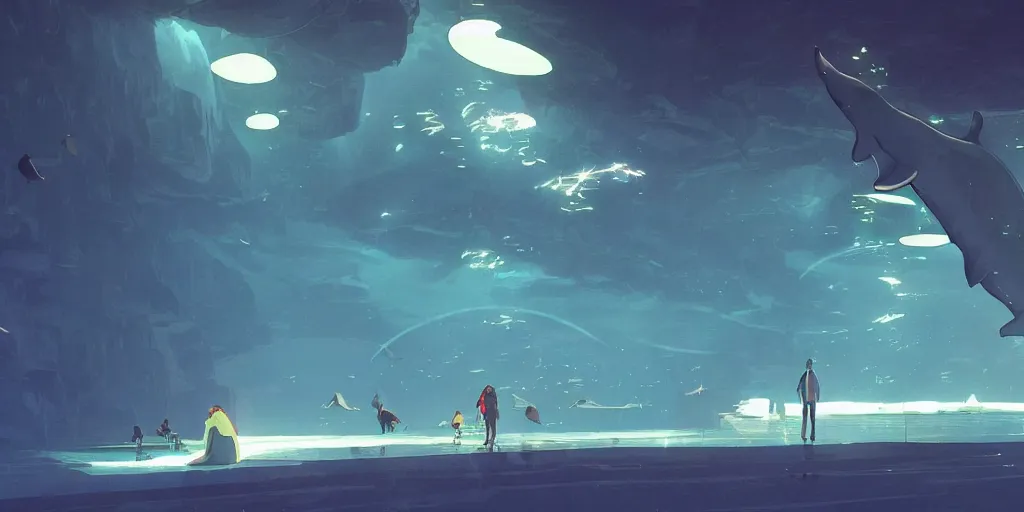 Image similar to giant aquarium in natural cave, levitating whales and dolphins, volumetric light, god rays of light, bright neons, scifi lampposts, art by pascal campion and moebius, trending on artstation