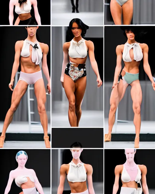 Image similar to multi panel storyboard of olivia wearing progressively weirder outfits, runway model at new york fashion week, fit physique, black hair, freckles, pale skin, multiple angles, photo by greg rutkowski, stage lighting, soft colors, female beauty, intricate detail, elegance, 3 5 mm, depth of field, masterpiece