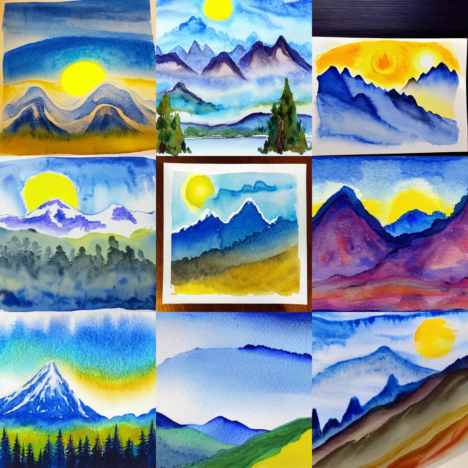 Prompt: water color painting of layered blue mountains with a white background and a bright yellow sun in the style of bob ross.