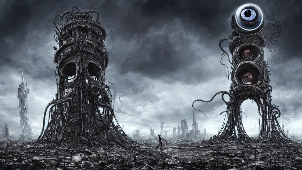 Image similar to A tower with an Eyeball at the top, BioMechanical like Giger, with tentacles coming out, looking over a stormy post-apocalyptic wasteland, dystopian art, wide lens