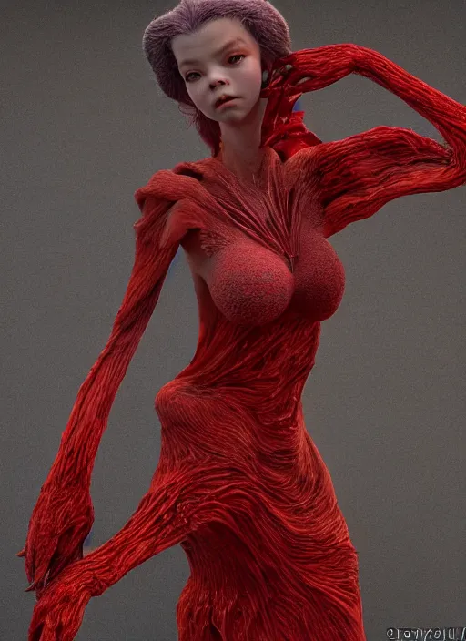 Prompt: hyper detailed 3d render like a Oil painting - very coherent Concrete displacement mapped profile subsurface scattering (a beautiful fae princess protective playful expressive from dark crystal that looks like Anya Taylor-Joy) seen red carpet photoshoot in UVIVF posing in scaly dress to Eat of the Strangling network of yellowcake aerochrome and milky Fruit and His delicate Hands hold of gossamer polyp blossoms bring iridescent fungal flowers whose spores black the foolish stars by Jacek Yerka, Ilya Kuvshinov, Mariusz Lewandowski, Houdini algorithmic generative render, golen ratio, Abstract brush strokes, Masterpiece, Victor Nizovtsev and James Gilleard, Zdzislaw Beksinski, Tom Whalen, Mark Ryden, Wolfgang Lettl, hints of Yayoi Kasuma and Dr. Seuss, Grant Wood, octane render, 8k