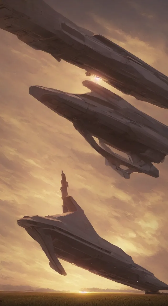 Prompt: wide shot of a tall and thin monolithic spaceship hovering in the air 6 feet above a cornfield, late afternoon, golden hour, highly detailed, smooth, sharp focus, concept art by greg rutkowski and stanley lau and syd mead