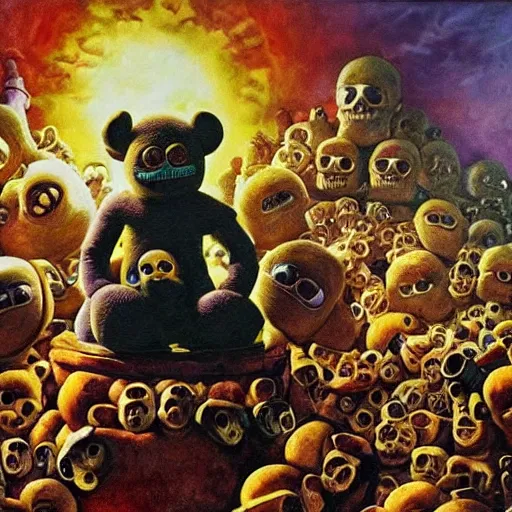 Image similar to teletubby perched atop a throne of skulls, epic dark fantasy oil painting, dimly lit masterpiece, disturbing and evil