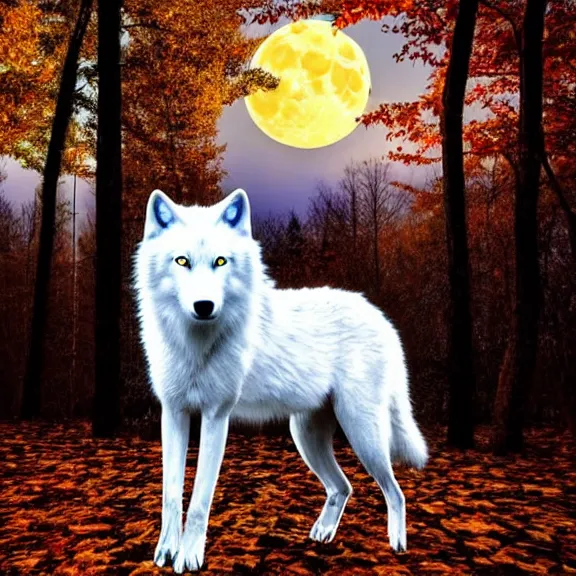 Image similar to white wolf with blue eyes stands in a dark night dormant autumn forest with magic moon in sky, no yellow color in eyes, no yellow color, realistic