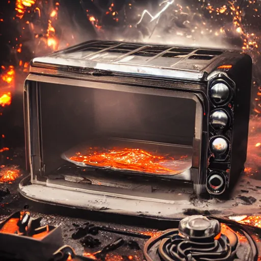 Image similar to cyborg toaster oven repairman, dark messy smoke - filled cluttered workshop, dark, dramatic lighting, orange tint, sparks, plasma rays, cinematic, highly detailed, sci - fi, futuristic, movie still