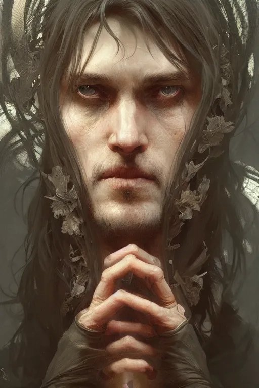 Image similar to A full portrait of a beautiful terrible powerful blind meat priest, intricate, elegant, highly detailed, digital painting, artstation, concept art, smooth, sharp focus, illustration, art by Krenz Cushart and Artem Demura and alphonse mucha