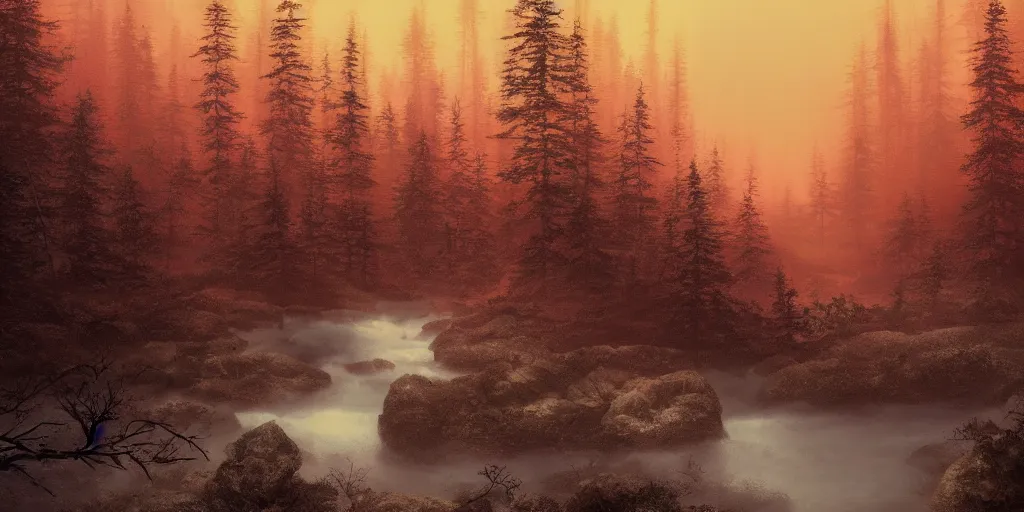 Prompt: deep in a red tinted pine forest at dusk, very foggy, moody, ground view, matte painting, rocky, waterfall in distance, river, stunning detail, 4k, hd, clean, full of detail, sharp focus, rule of thirds by Makoto Shinkai, thomas kinkade, Karol Bak, trending on artstation