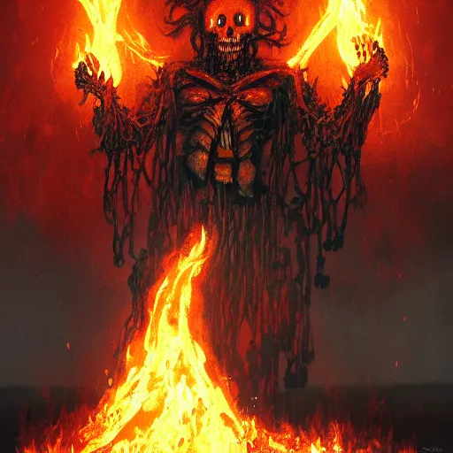 Image similar to A skeleton demon in flames made of ethernet cables floating above a lake of fire in Hell, small crosses floating in the background, by Greg Rutkowski