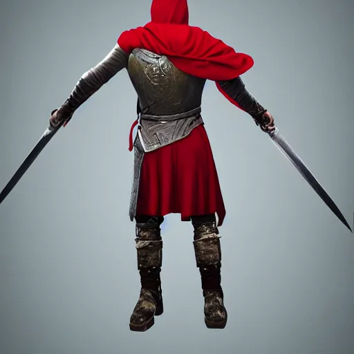 Prompt: warrior holding two swords, full body worn out cape, red hoodie, worn out clothes, symmetry, concept art, volumetric light, full body shot, 8K, trending on artstation