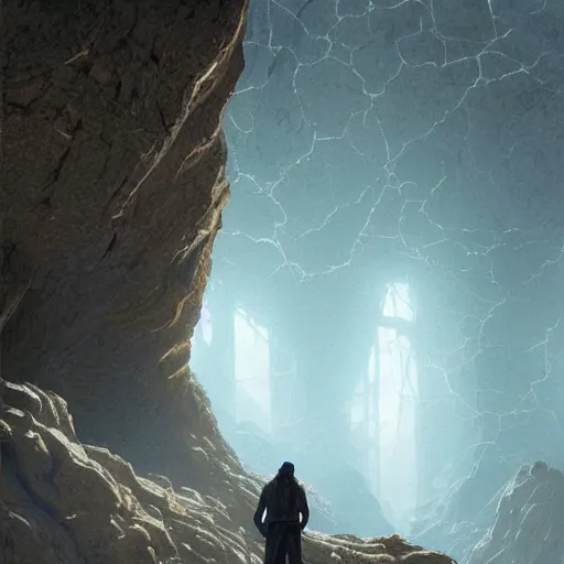 Prompt: a vast dry rocky plain with a network of cracks all over, zoomed out view. a young man with long dark hair wearing a long blue coat stands in the distance, glowing. fantasy painting by greg rutkowski.