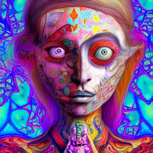 Prompt: An extremely psychedelic portrait of Alice , in wonderland , surreal, LSD, face, detailed, intricate, elegant, lithe, highly detailed, digital painting, artstation, concept art, smooth, sharp focus, illustration