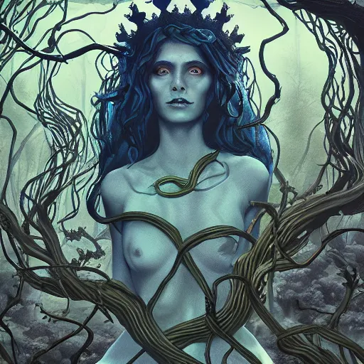 Image similar to the dark queen of snakes dawning a crown of vines, blue skin, realism, dark fantasy illustration, surrounded by snakes in a twisted forest, dramatic lighting, octane render, artstation