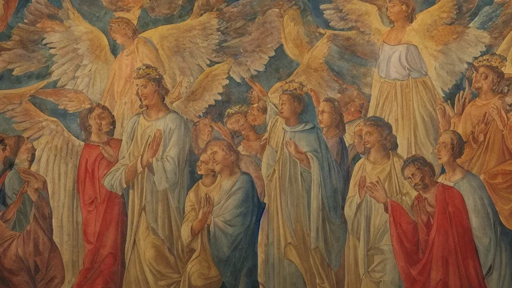 Prompt: people worshiping an angel. fresco art