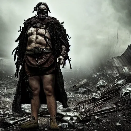 Prompt: a scary fierce menacing postapocalyptic medieval lord, buff big, fashion, movie hd, cronenberg vimeo, masked