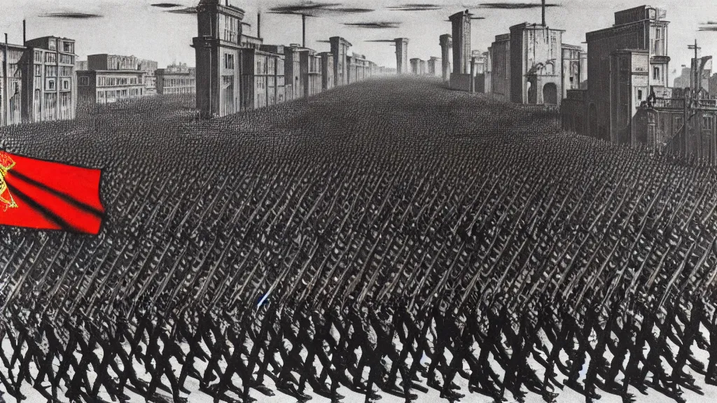 Prompt: army parade glorious march, futuristic alternate timeline, anarcho - communist hordes, red and black flags, modernist factories in background, art by max ernst, cnt spanish civil war era propaganda, extremely detailed, 4 k