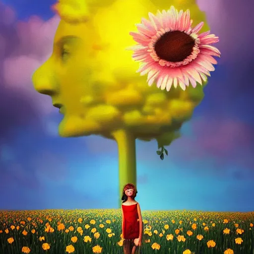 Image similar to girl with a giant daisies head, surreal photography, flower field, sunset dramatic light, impressionist painting, colorful clouds, blue sky, digital painting, artstation, simon stalenhag