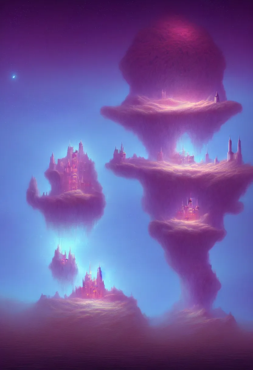 Prompt: an ultra detailed midjourney concept digital art painting of a singular floating island with a castle, flying citadel levitating across space in a misty pearlescent nebula by paul lehr kazumasa uchio situated in a starry aurora expanse of bioluminescent cosmic worlds by beksinski and beeple, ecological art, flying citadel with towers, trending on artstation