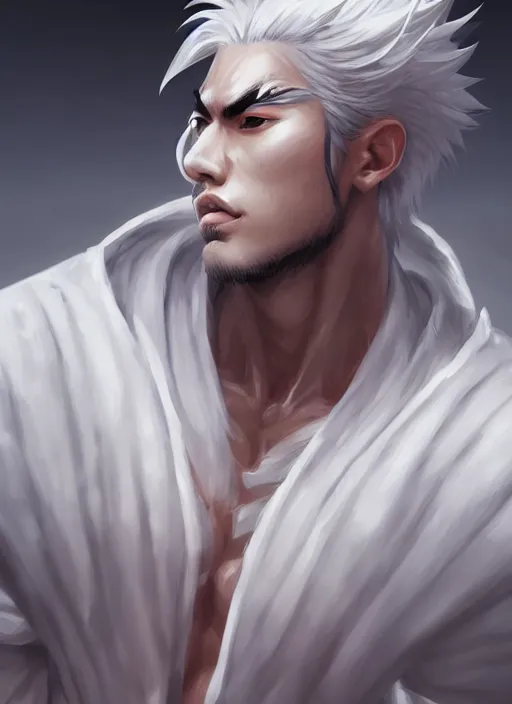 Image similar to a highly detailed illustration of fierce white haired attractive young japanese man wearing white hakama, black eyes, dramatic pose, muscular, intricate, elegant, highly detailed, centered, digital painting, artstation, concept art, smooth, sharp focus, league of legends concept art, wlop