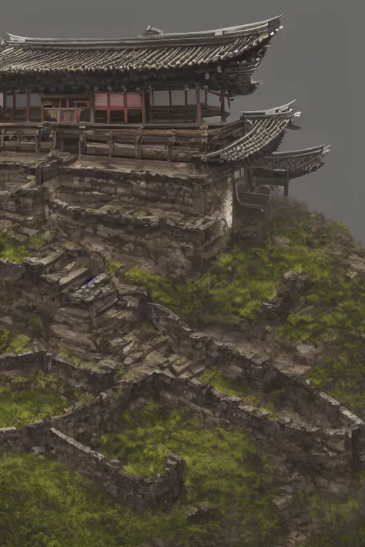 Image similar to detailed digital painting of old, ruined, japanese fort from sengoku period, overcast weather, environment concept art, photobash, overcast weather, unreal engine render, nanite