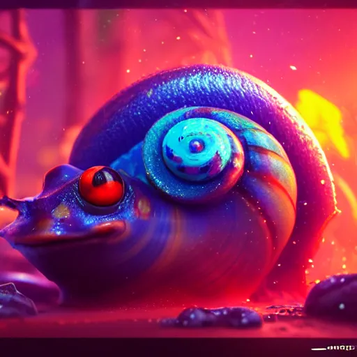 Image similar to beautiful colorful snail fish frog sea-star ant, magic of fire and magic of ice. occult cyberpunk, ancient futuristic, dark art, occult. by Petros Afshar, by artgerm, by Eddie Mendoza, by Peter mohrbacher, octane render, 3d, unreal engine, depth of field, bokeh, motion blur, blur