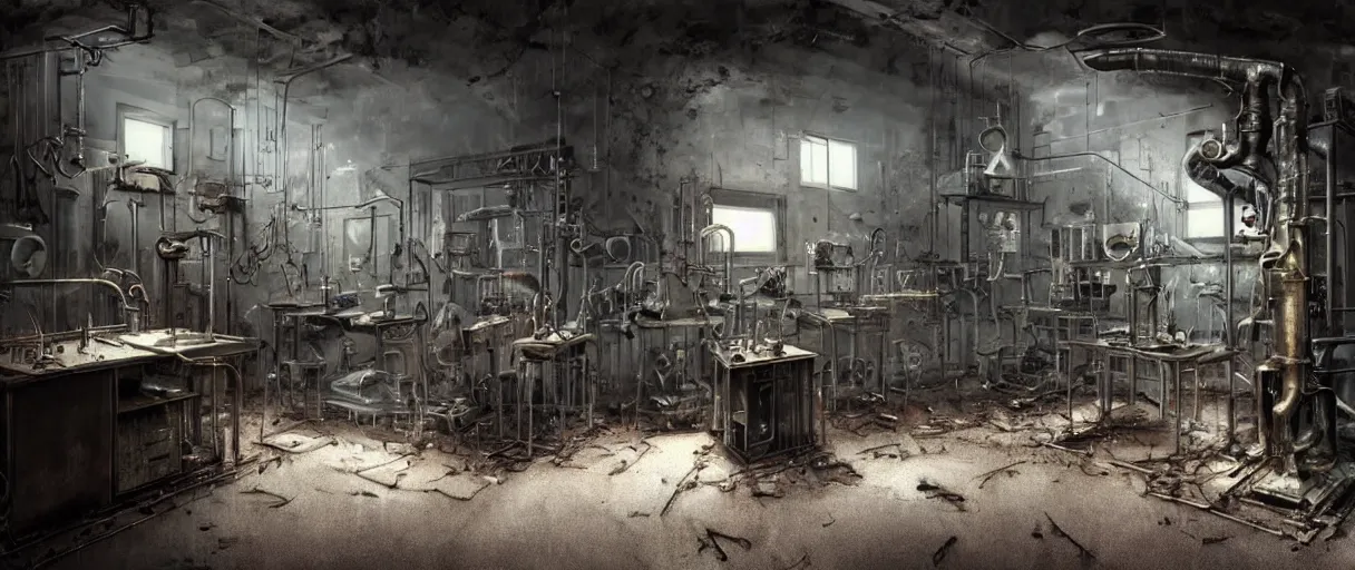 Image similar to abandoned laboratory from 1 9 3 0 s - early xx century - vintage vacuum - tube computers - metal pipes - obsolete technology - high resolution - sharp focus 4 k - dark atmosphere - high contrast - retro futuristic - biomechanic mutation - volumentric lighting - cinematic atmosphere - concept art by hans giger, ruan jia, steve mccurry
