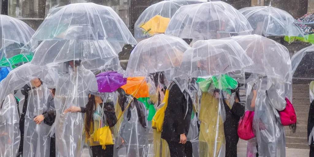 Prompt: people in transparent raincoats holding transparent umbrellas