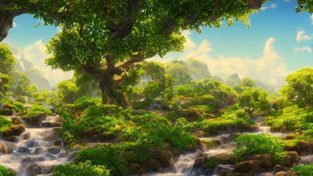 Prompt: ultra detailed and realistic painting of paradise, with milk white rivers, fruit trees, inspired by very beautiful cute and colored disney movie backgrounds, rendered in 8 k unreal engine