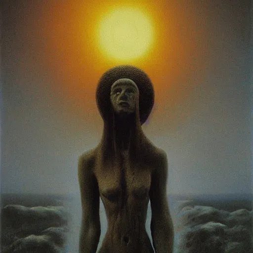 Image similar to the queen of the sun by zdzisław beksiński, full body, oil on canvas, intricately detailed artwork, full 8k high quality resolution, recently just found unknown masterpiece