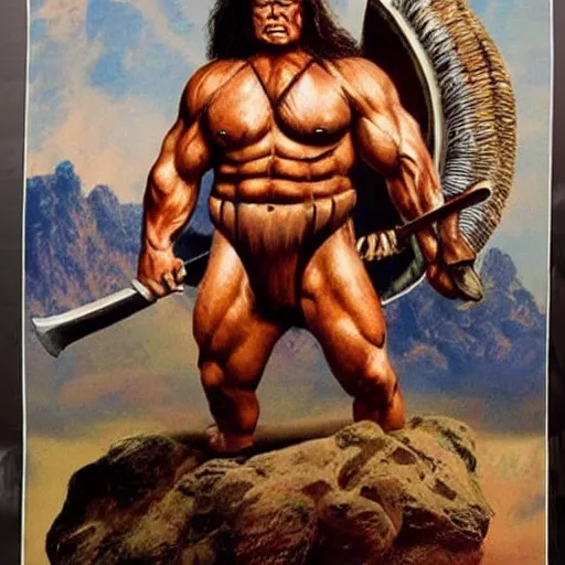 Image similar to extremely muscular Donald Trump looking like Conan the barbarian, fantasy, movie poster, by Frank Frazetta