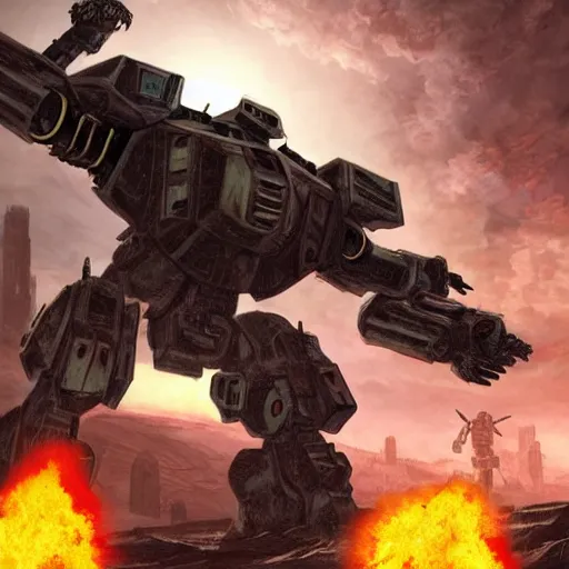 Image similar to war mechs fighting, mech battle, desolate gloomy planet, science fiction