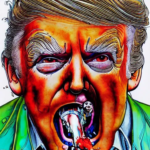 Prompt: president Donald Trump eating an infant, Ralph steadman, psychedelic, surreal, ink splatter, detailed, 4k