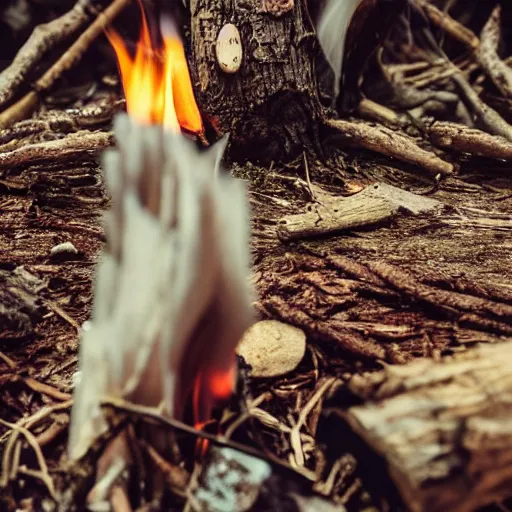 Image similar to closeup of a campfire in an ominous forest burning voodoo dolls, photography