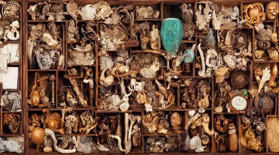 Image similar to wooden box with cabinet of curiosities neatly ordenend with strange natural artifacts and wonders of the world, photo realistic, professional photo, by Steve McCurry