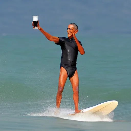 Image similar to obama surfing holding a drink, vacation photo, high detail realistic