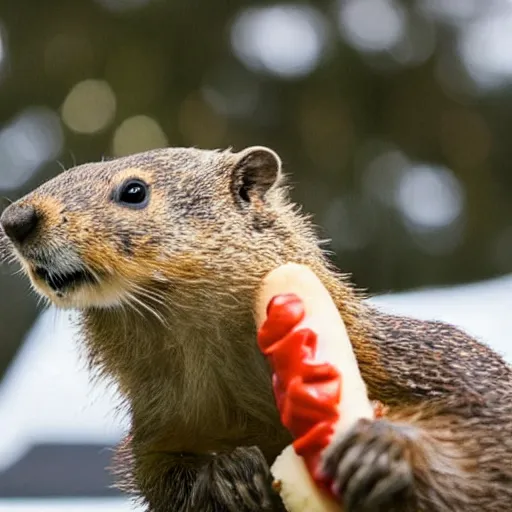 Image similar to a groundhog eating a hot dog