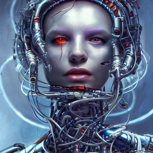 Image similar to medusa as a cybernetic being by raymond swanland, highly detailed, bright tones